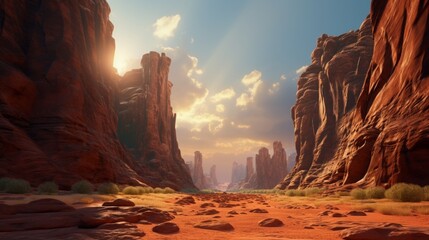 A sunlit canyon with towering red rock formations, casting long shadows.