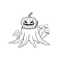 Tree stump with Halloween pumpkin and mushrooms. Hand drawn vector illustration. For coloring, cards, printing, packaging, invitations, business cards, advertising