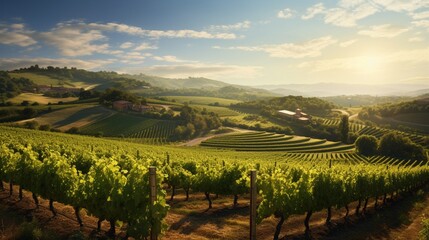 A sunlit vineyard in late summer, with rows of grapevines extending towards the horizon, surrounded...