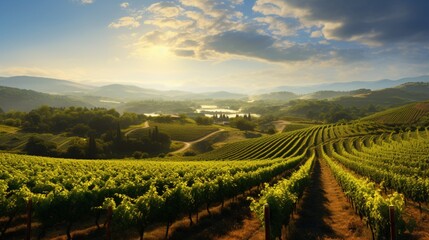 A sunlit vineyard in late summer, with rows of grapevines extending towards the horizon, surrounded by rolling hills.