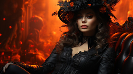 Style red black elegant luxe on the themes of vampire and Halloween, luxury fashion fascion , glamorous gothic, attractive look and drescod , looking, beautiful dracula girl trendy fashion style . 