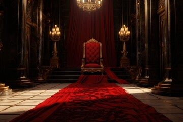 red carpet on castle or palace interior with golden chair bench of king  - obrazy, fototapety, plakaty