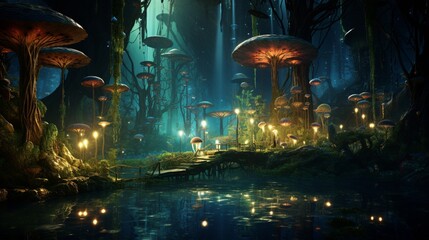 A surreal and fantastical forest scene, with floating islands of vegetation and a mysterious glow emanating from the trees.