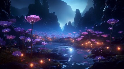A surreal summer scene with a field of bioluminescent flowers glowing in the dark.