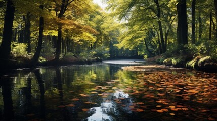 A tranquil pond in a dense forest, with autumn leaves floating on the water's surface and the surrounding trees reflected in the pond.