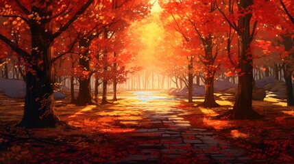 A vibrant autumn scene with colorful leaves covering the ground beneath a canopy of red and gold trees.
