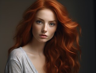 Portrait of a beautiful red-haired girl with long hair.