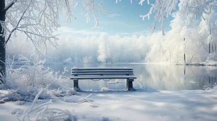 A winter scene with a frozen pond surrounded by snow-covered trees, with a wooden bench covered in a layer of fresh snow.