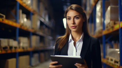 A woman in a warehouse holding a tablet