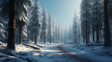 A winter scene with a snow-covered path winding through a forest, with tall pine trees and a serene atmosphere.