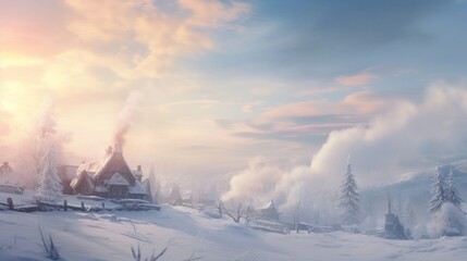 A winter scene with a snow-covered village, with charming cottages and smoke rising from chimneys against a snowy backdrop.