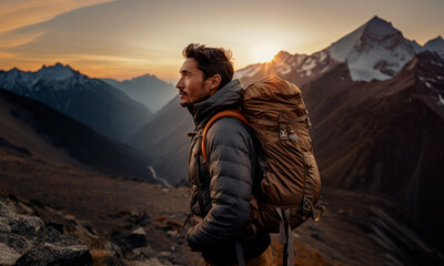Young Asian male hiker on top of the mountain during a sunset