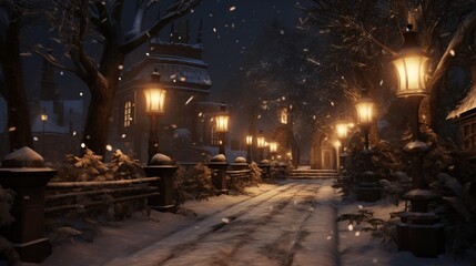 Candlelit path in the snow, with soft glow from lanterns casting a warm and inviting ambiance on a...