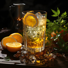A glass of clear water on a table with ice and lemon; Lemon tea; Lemons and lemon leaves around the glass ;4k
