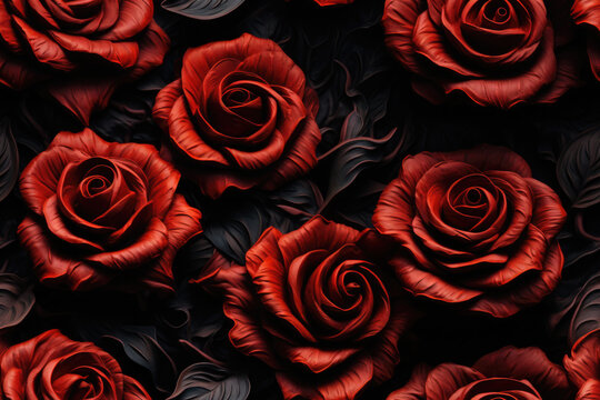 seamless pattern of red roses on dark background