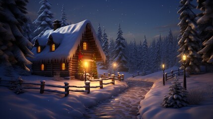 Candlelit pathway leading to a cozy winter cabin, where the warm light creates a welcoming glow amid the snow-covered surroundings.