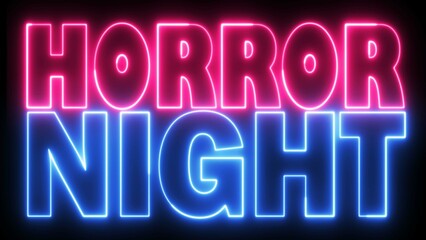 Horror Night text font with light. Luminous and shimmering haze inside the letters of the text Horror Night. Horror Night neon sign. 