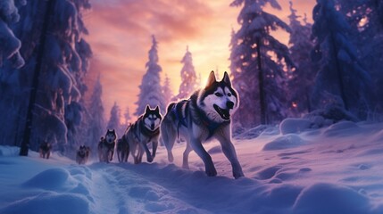 Dog sled team navigating a winter forest trail at twilight, with the sled's runners leaving tracks...