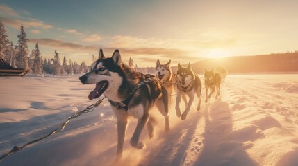 Dog sled team racing along a frozen river at sunrise, with the soft glow of morning light illuminating the snowy scene and casting long shadows behind the speeding sled. - obrazy, fototapety, plakaty