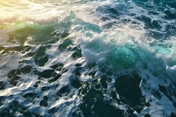 Sea wave with foam, top view. Blue ocean wave background. Close up view of ocean water surface. Sea wave texture