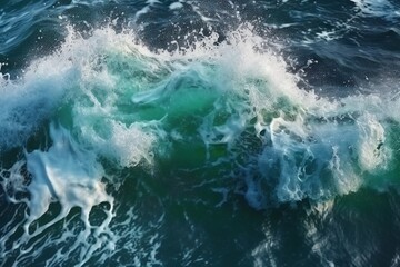 Naklejka premium Sea wave with foam, top view. Blue ocean wave background. Close up view of ocean water surface. Sea wave texture