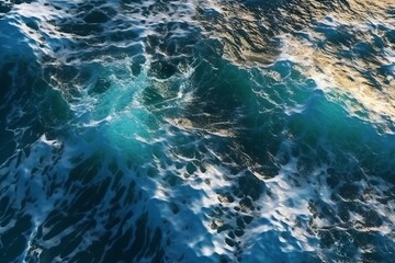 Fototapeta premium Sea wave with foam, top view. Blue ocean wave background. Close up view of ocean water surface. Sea wave texture
