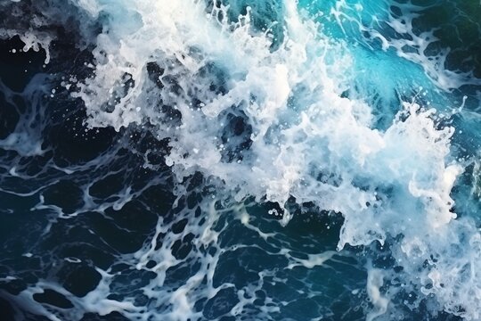 Sea wave with foam, top view. Blue ocean wave background. Close up view of ocean water surface. Sea wave texture © vachom
