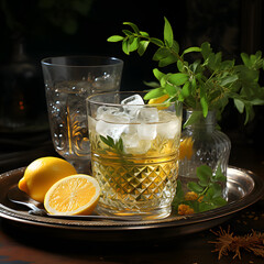 A glass of clear water on a tray with ice and lemon; Lemon tea; Lemons and lemon leaves around the glass ;4k