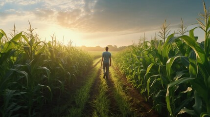 Fototapeta premium A man walking through a picturesque cornfield at sunset