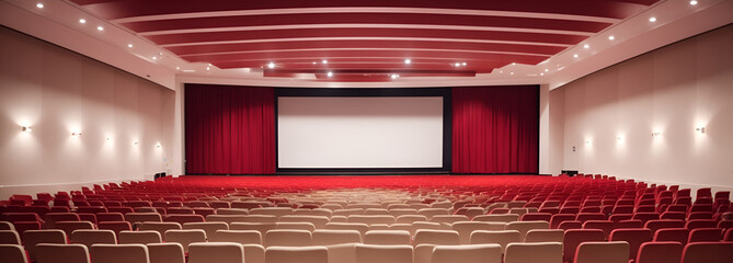 An empty cinema hall with blank white screen, waiting for the next film. Perfect for cinema, movie, and entertainment concepts, setting the stage for anticipation. - obrazy, fototapety, plakaty