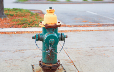 fire hydrant stands on a city sidewalk, symbolizing safety, preparedness, and emergency response, framed by urban surroundings