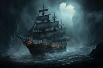 Cursed ghost ships, forever sailing the seas with ghostly crews seeking redemption - Generative AI