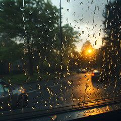 A view of the street through a window covered with raindrops; View from the vehicle window; Sunny street
4K(1:1)