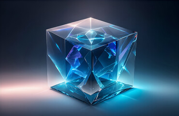 A futuristic and surreal neon glowing glass ice cube containing a frozen quantum computer. Perfect for technology, innovation, and futuristic concepts.