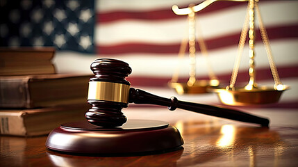 Judge gavel and USA flag as background - obrazy, fototapety, plakaty