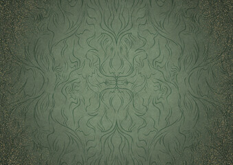 Hand-drawn ornament. Dark green on light warm green background, with vignette of darker background color and splatters of golden glitter. Paper texture. Digital artwork, A4. (pattern: p11-1a)