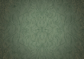 Hand-drawn ornament. Dark green on light warm green background, with vignette of darker background color and splatters of golden glitter. Paper texture. Digital artwork, A4. (pattern: p11-1a)