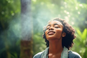 Naklejka premium african woman breathes fresh air in the forest