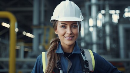 Photo of a woman wearing a hard hat in a factory