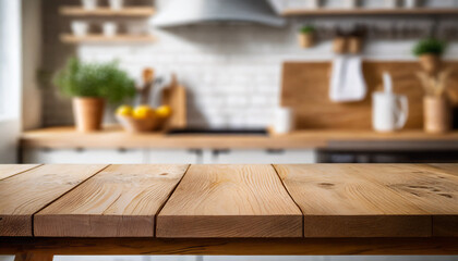Wooden table on blurred kitchen bench background. Empty wooden table and blurred kitchen backgrounds, white wall in the back