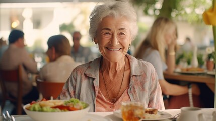 Photo of a woman enjoying a meal at a table