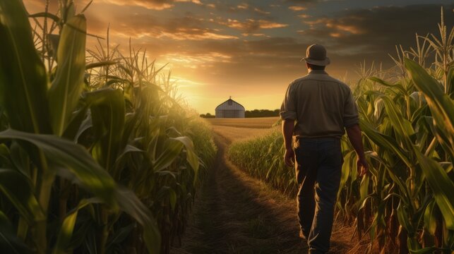 Photo of a man walking through a corn field at sunset