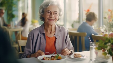 Photo of a woman enjoying a meal at a table