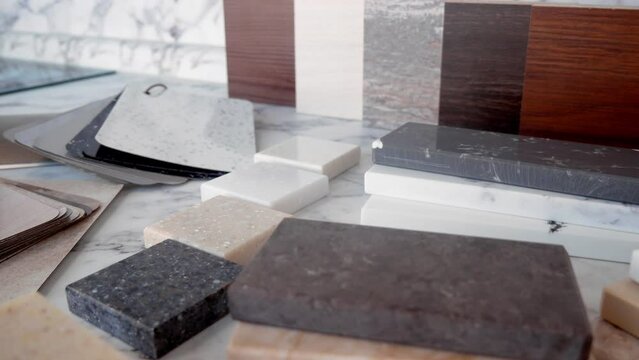 Furniture production. Catalog of samples of materials for kitchen countertops, facades made of artificial stone, plastic, laminate and chipboard