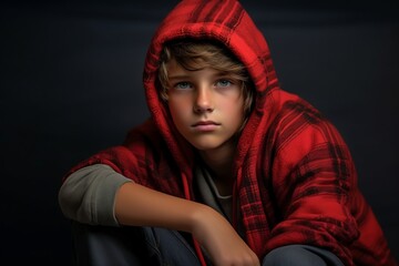 Portrait of a boy in a red hood on a black background.