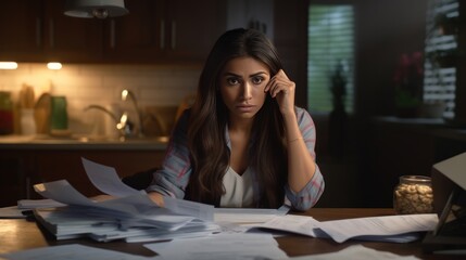 Photo of a woman working at a desk surrounded by paperwork