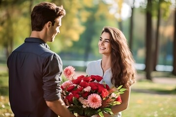 couple falls in love, man gives a bouquet of flowers and a gift to a woman
