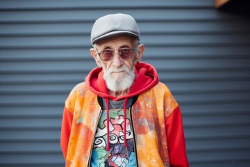 Portrait of an old man with a white beard and mustache in a red jacket and a gray cap on the street