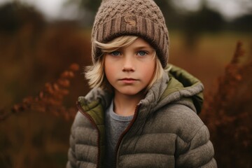 Portrait of a little boy in a knitted hat and coat in the autumn park