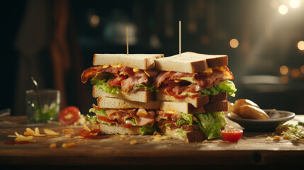 Fragrant Club sandwich on the table with kitchen background and morning sunrise. Created using generative AI.